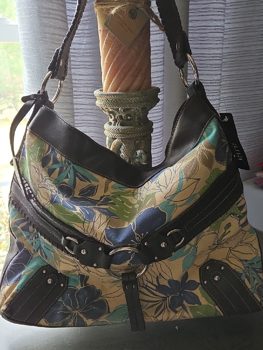 a.n.a Blue & Green Floral Canvas Hobo with Brown Trim